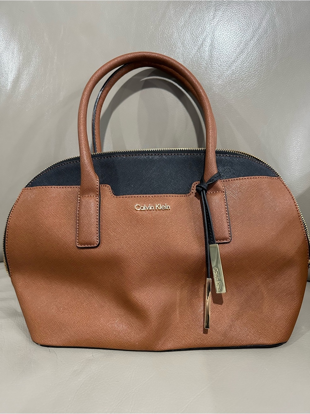 Calvin Klein Brown and Black Dome Satchel with Gold Accents